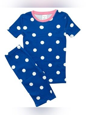 New Mini Boden Polka Dot Cotton 2 Piece Short Pajama Blue White 7 (122)